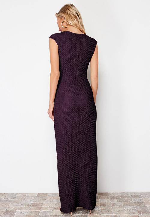 Trendyol - Textured fabric fitted moon sleeve midi pencil dress - plum