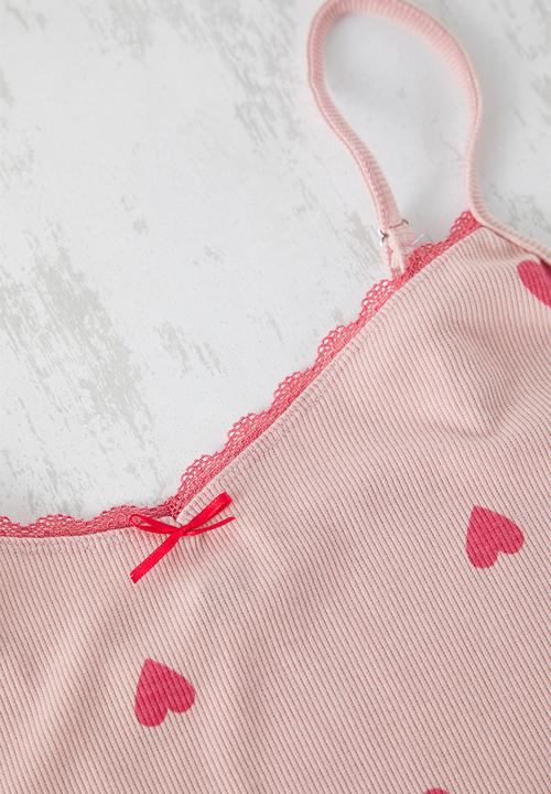 Trendyol - Powder Heart Patterned Camisole Knitted Pajama Set - Pink