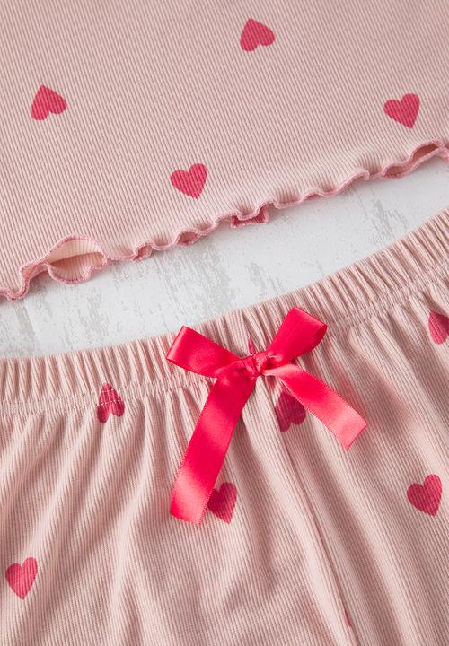 Trendyol - Powder Heart Patterned Camisole Knitted Pajama Set - Pink