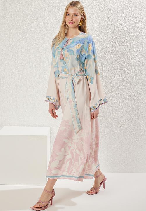 Trendyol - Spanish Sleeve Belted Patterned Woven Dress - Pink