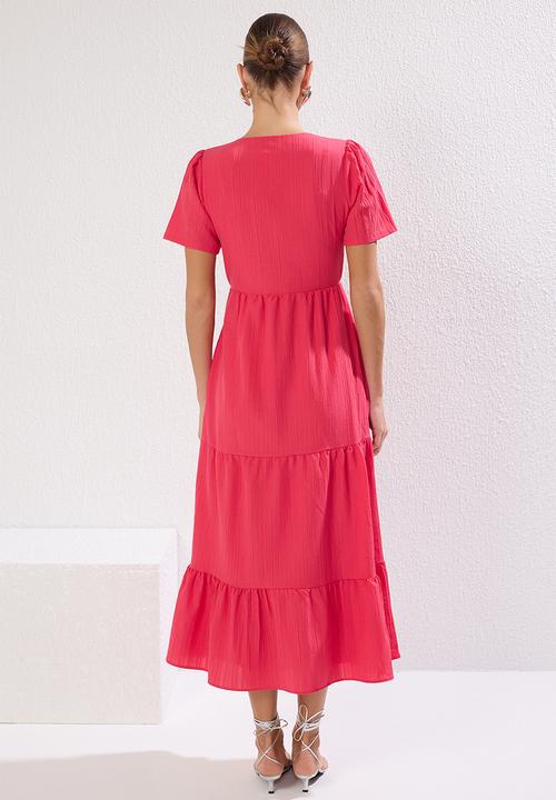 Trendyol - Plain Tiered Midi Woven Dress - Fuchsia