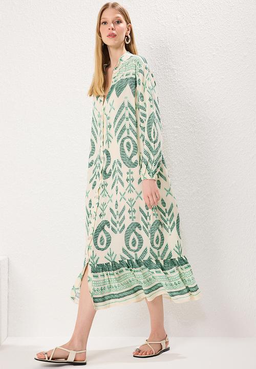 Trendyol - Midi Border Pattern Detailed Woven Dress - Khaki