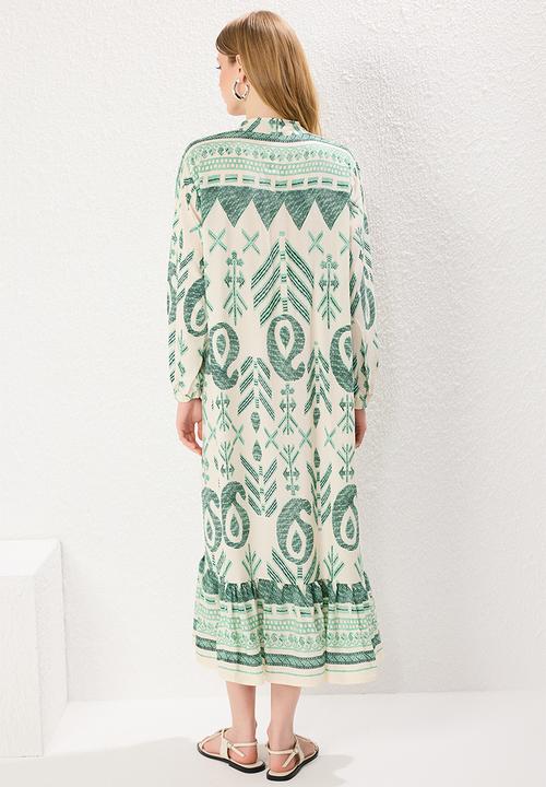 Trendyol - Midi Border Pattern Detailed Woven Dress - Khaki