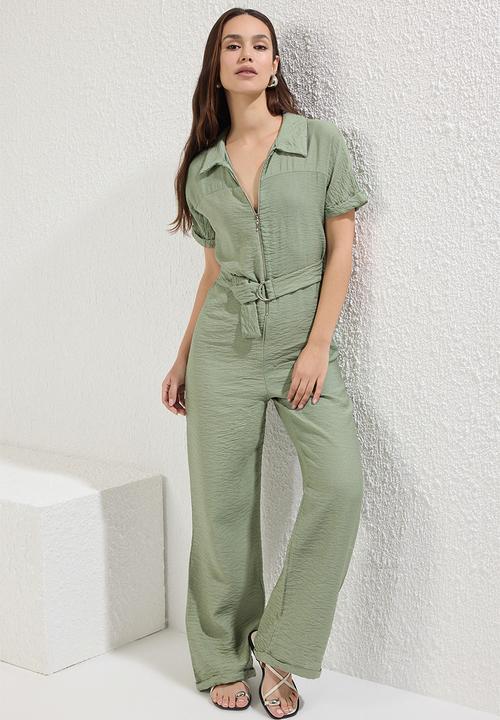 Trendyol - Belted Wide Leg Zipper Detail Overalls - Khaki 