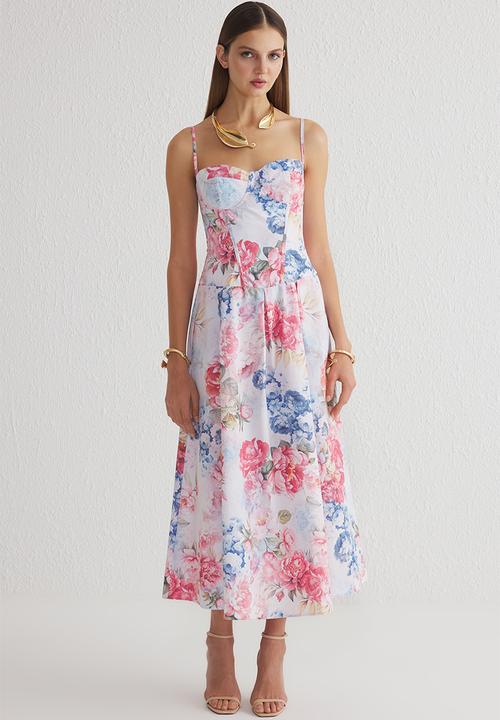 Flare floral patterned corset look midi dress - multi