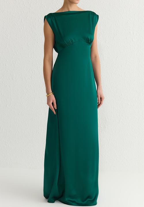 Trendyol -  Lined Satin Woven Long Elegant Dress - Emerald