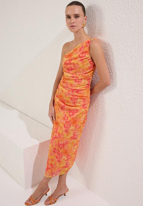 Trendyol - Single sleeve accessory detail tulle stretch knit midi dress - orange