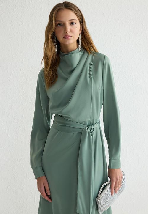 Trendyol - Stand Collar Belted Satin Woven Evening Dress - mint