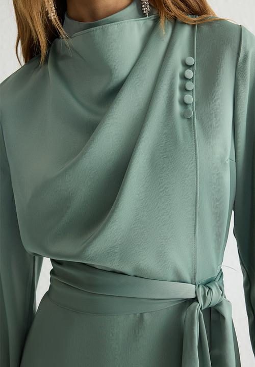 Trendyol - Stand Collar Belted Satin Woven Evening Dress - mint