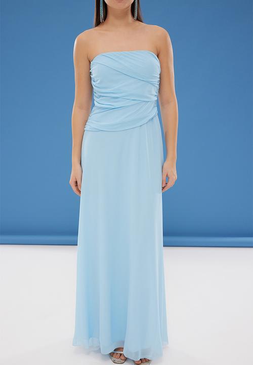 Trendyol - A-Line Cut Out Detailed Tulle Long Evening Dress - blue