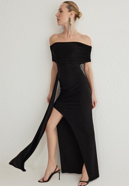 Trendyol - Bodycon Carmen Collar Knitted Long Elegant Evening Night Dress - Black