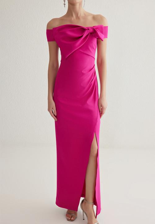 Trendyol - Bowknot Off-the-shoulder Dress - Fuchsia