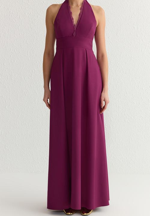 Trendyol - Lace Collar Detailed Woven Long Elegant Evening Dress - Purple