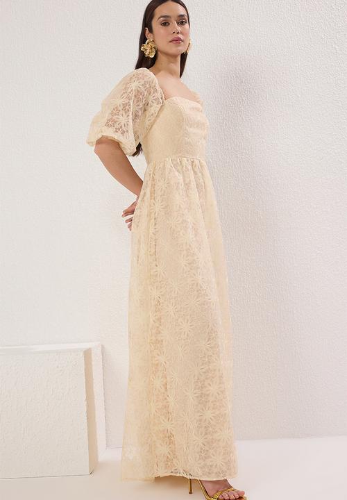 Trendyol - A-Line Floral Lined Long Evening Prom Dress - Salmon