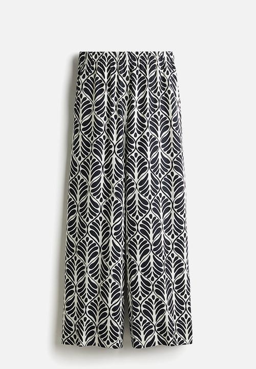 H&M - Wide linen-blend trousers - white/black patterned