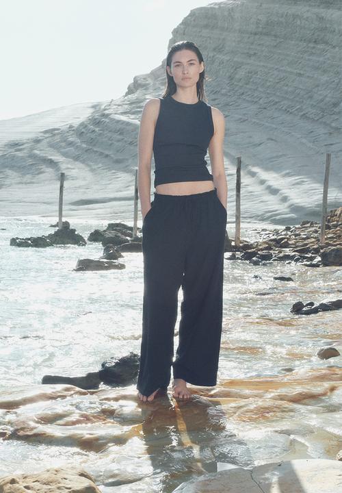H&M - Cropped linen-blend trousers - navy blue