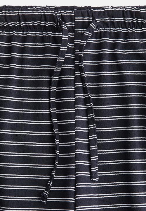 H&M - Straight drawstring trousers - navy blue/white striped