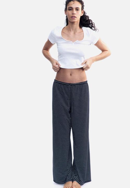 H&M - Straight drawstring trousers - navy blue/white striped