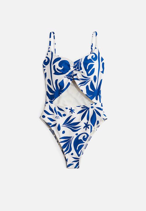 H&M - Padded-cup high-leg swimsuit - white/blue patterned