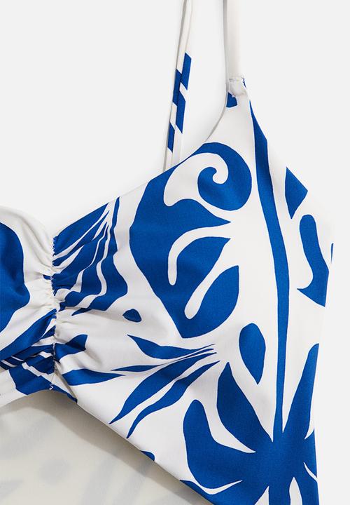 H&M - Padded-cup high-leg swimsuit - white/blue patterned