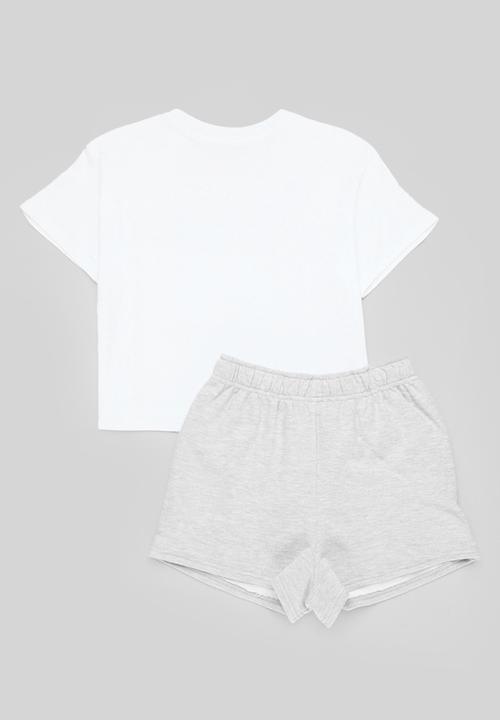 Pop Candy - Tropi cool placement print tee with shorts - white/grey