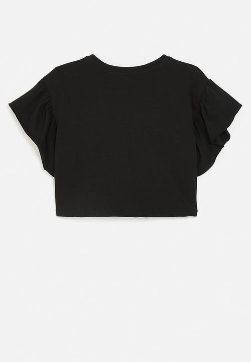 Pop Candy - Frilled sleeve crop top - black
