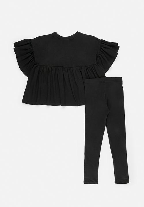 Pop Candy - Frilled peplum tee with leggings - black