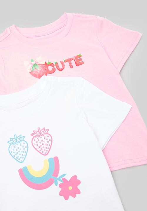 Pop Candy - 2 packs slogan & placement print tee - pink/white/cute