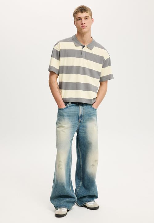 Cotton On - Cropped Fit Polo - Slate Stone Lemon Bold Stripe