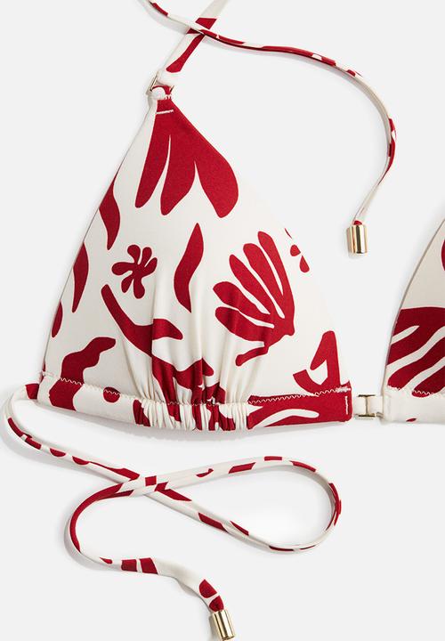 H&M - Push-up triangle bikini top - white & dark red patterned