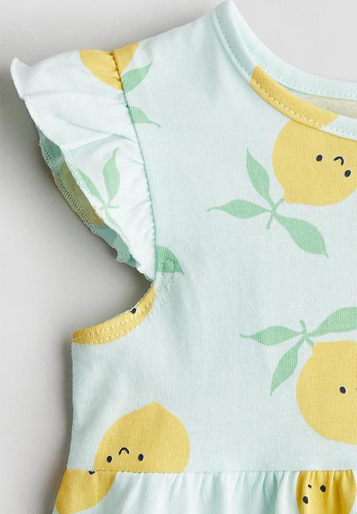 H&M - Printed cotton dress - light turquoise/lemons 