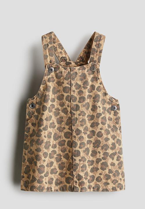 Cotton denim dungaree dress - beige/leopard-print