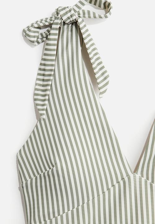 H&M - Padded-cup high leg swimsuit - khaki green striped