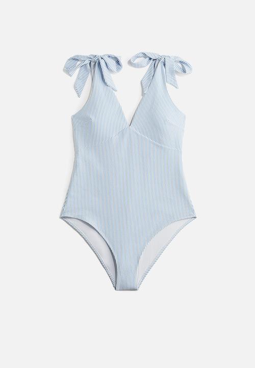 H&M - Padded-cup high leg swimsuit - light blue striped 