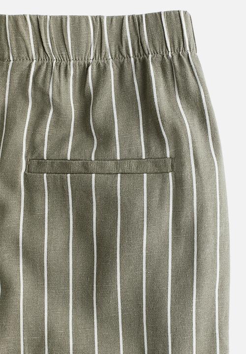 H&M - Wide linen-blend trousers - khaki green striped