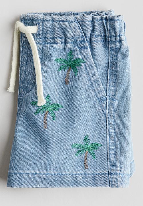 H&M - Embroidery-detail denim shorts - denim blue palm trees