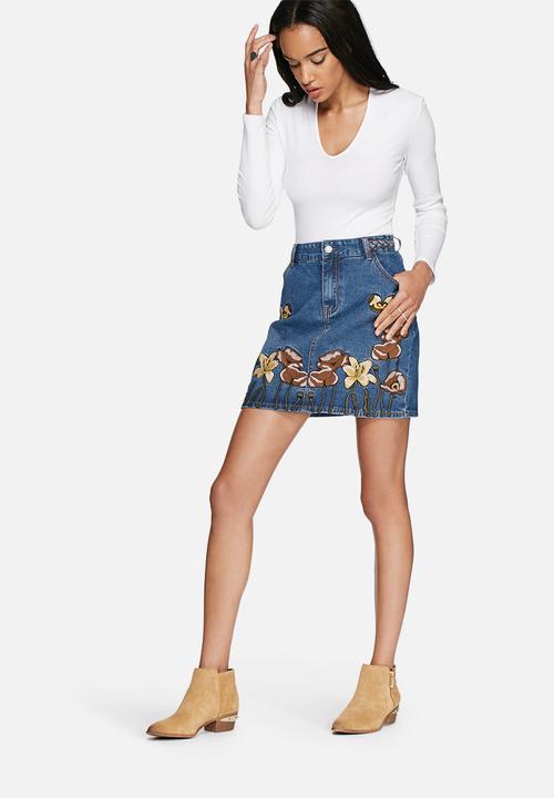 Glamorous - Denim embroidered pencil skirt 