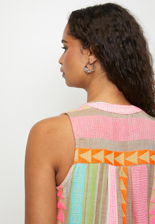 Stella Morgan - Sleeveless key hole 2 tier dress with zigzag and stripe detail - multi