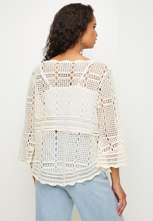 MANDI - Long Sleeve Crochet Top With Bell Sleeve - Beige
