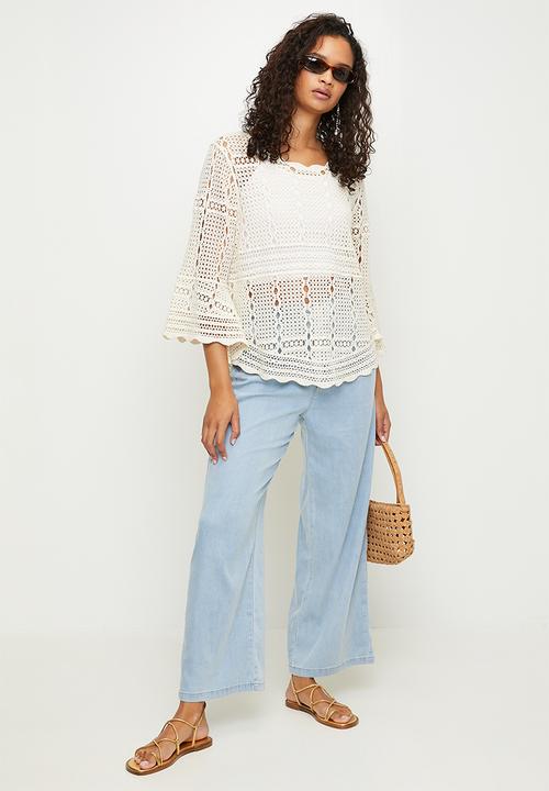 MANDI - Long Sleeve Crochet Top With Bell Sleeve - Beige