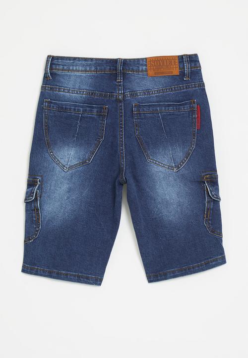 SOVIET - Boys cargo pocket denim short - indigo