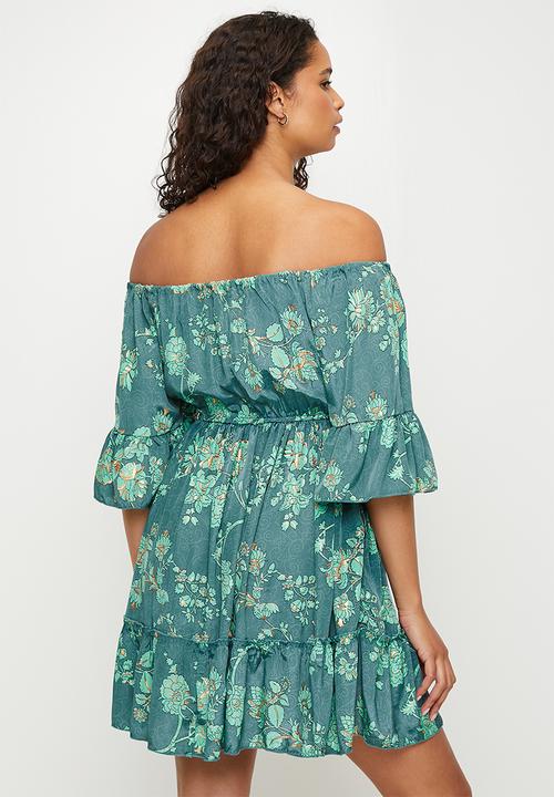 MANDI - Half Flutter Sleevebardot Mini Dress With Tie - Mint