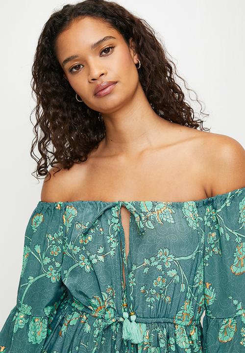 MANDI - Half Flutter Sleevebardot Mini Dress With Tie - Mint