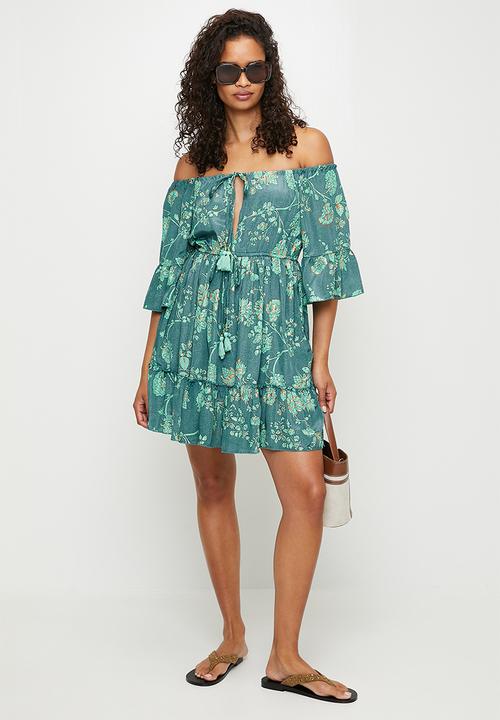 MANDI - Half Flutter Sleevebardot Mini Dress With Tie - Mint