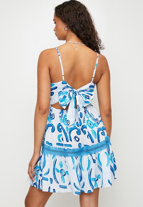 MANDI - Strappy Cupped Tie Back Mini Length Dress With Ladder Lace Detail - Blue
