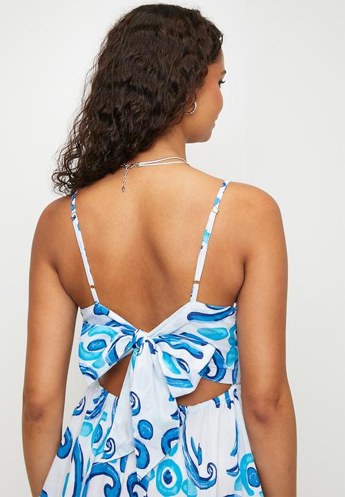 MANDI - Strappy Cupped Tie Back Mini Length Dress With Ladder Lace Detail - Blue