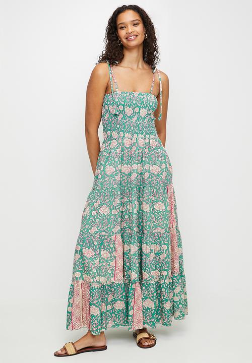 Strappy Boobtube Patchwork Printed A-Line Maxi Dress - Green