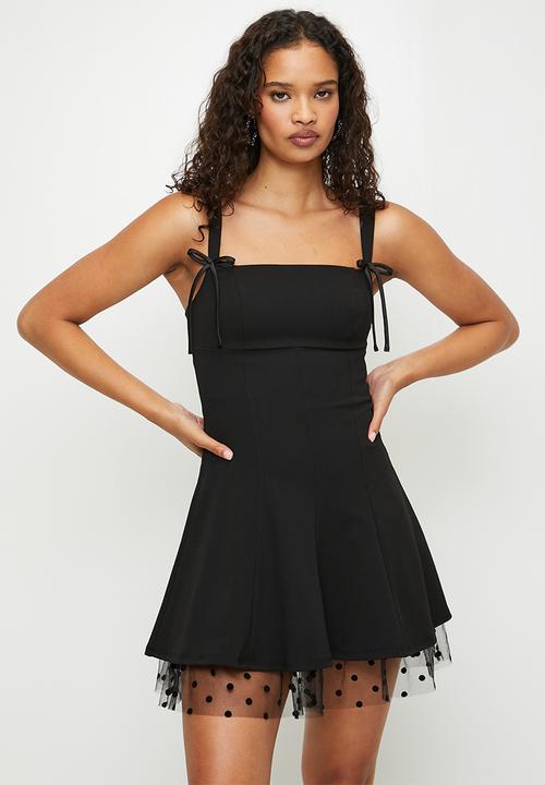 Mini Dress With Straight Neckline And Bow Details - Black