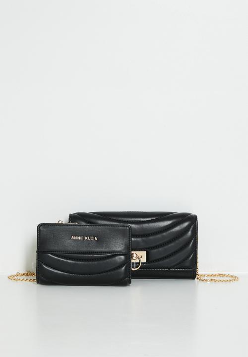 Anne Klein - 2 Pc Flap Crossbody And Bifold Wallet Gift Set Bag - Black Quilted