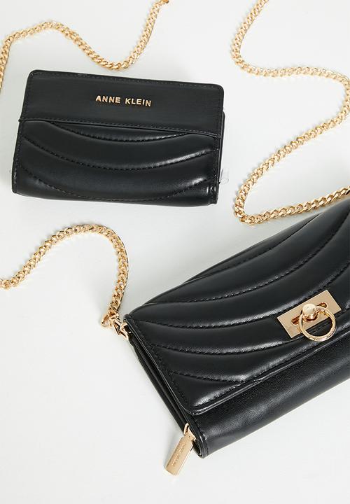 Anne Klein - 2 Pc Flap Crossbody And Bifold Wallet Gift Set Bag - Black Quilted